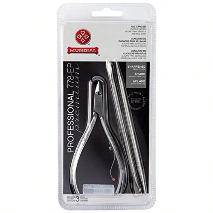 Mundial Nail Care 3 Piece Set - Profional Stainl Steel Cuticle Nippers With Double Nail Spatula And Pusher Manicure And Pedicure Trimmer Kit
