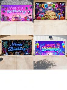 1pc Neon Lights Happy Birthday Photography Backdrop, Birthday Party Celebration Banner - Multicolor - View 2