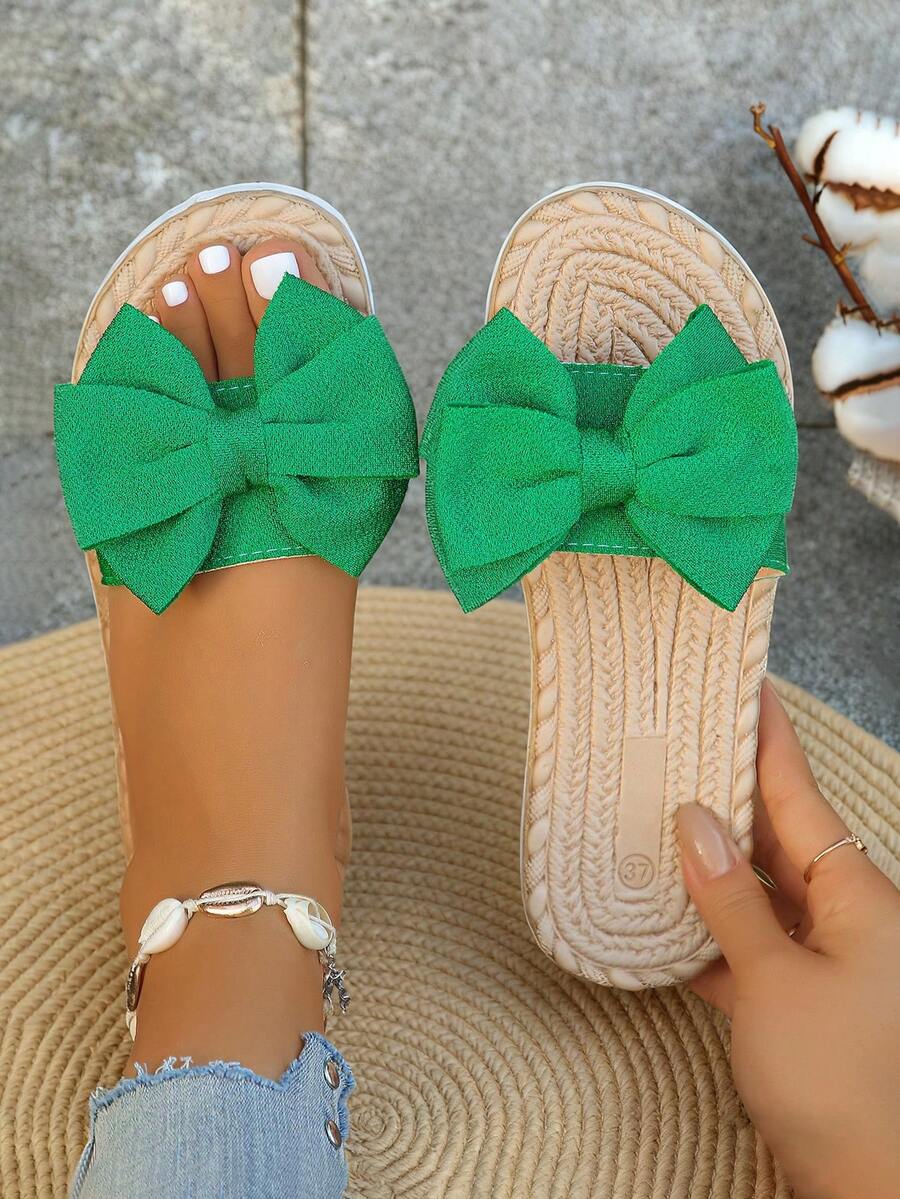女士仿亚麻绳底蝴蝶结装饰舒适防滑绿色露趾平底凉鞋，度假风，适合室内外穿着，绿色凉鞋，绿色鞋子，沙滩必备