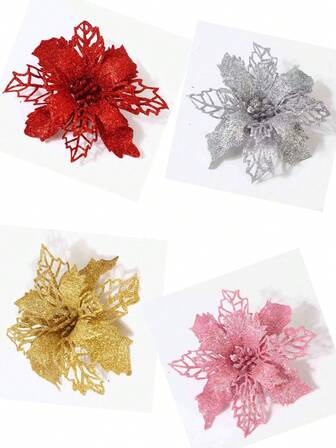 10pcs Red Flower Artificial Glitter Decorations For Wreath & Tree Best Gifts Birthday Graduation Home Decor Christmas Decorations Room Decor Christmas Winter Christmas Decorations Home Christmas Gifts Christmas Decor