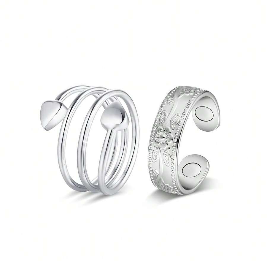 Jecanori Copper Rings For Women, Pure Copper Magnetic Lymphatic Drainage Rings For Women(Silver-Flower&Heart){Inchcolor_nameinch:InchSilver-Flower&Heartinch} - 銀花與心 - 查看 1
