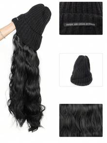 时尚百搭的女士长卷波浪耐热合成假发，蓬松针织帽假发套装，适合日常佩戴 - 彩色 - 查看 6