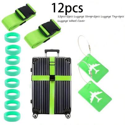 Set de 12 piezas para viaje: 2 correas para equipaje + 8 cubiertas de silicona para ruedas + 2 etiquetas de equipaje con diseño de avión, combo de accesorios de equipaje para refuerzo, identificación y talla grande