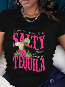 Women Casual T Shirt  Salty Tequila Cocktail Graphic Print Summer Beach Party Wear.220g - 黑色 - 查看 1