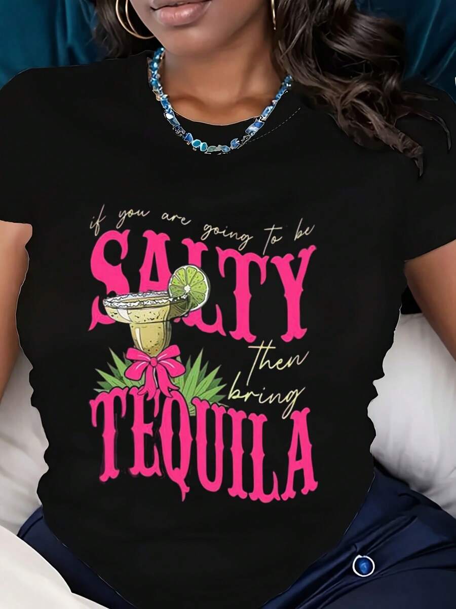 Women Casual T Shirt  Salty Tequila Cocktail Graphic Print Summer Beach Party Wear.220g - 黑色 - 查看 1