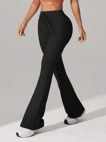 1件装女士高腰喇叭瑜伽裤，弹力修身，抽绳腰带，纯色面料，适合健身、四季皆宜、休闲打底裤、高腰跑步裤 - 黑色 - 查看 4