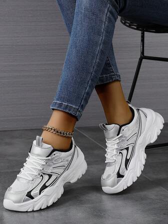 女士软底舒适简约圆头系带经典厚底运动鞋，透气、减震、时尚、百搭休闲跑步鞋，适合所有季节