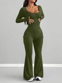AITYI Studio 女士连体裤，修身休闲实用口袋时尚性感显瘦U领户外百搭Y2K毕业季返校季圣诞节新年感恩节秋冬季弹力针织长袖喇叭裤连体裤 - 軍綠色 - 查看 2