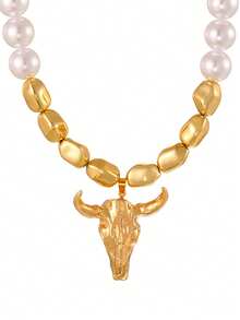 This Punk Western-Style Multi-Color Alloy Bull Head Faux Pearl Asymmetric Beaded Cherry Bead Necklace Is Designed For Women, Suitable For Outdoor Adventures, Shopping, And Daily Wear. This Eye-Catching, Distinctive Gold Accessory Is An Excellent Birthday Gift For Friends.