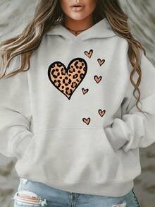 Heart Leopard Print Hoodie With Cute Patches For Women Casual Wear Valentine's Day Gift Outfit - 淺灰色 - 查看 1