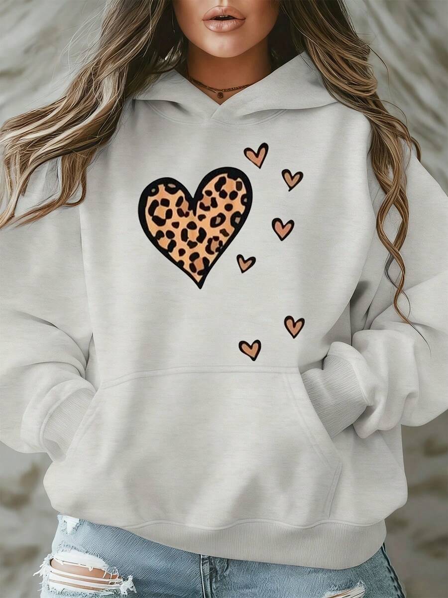 Heart Leopard Print Hoodie With Cute Patches For Women Casual Wear Valentine's Day Gift Outfit - 淺灰色 - 查看 1
