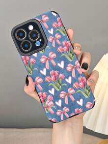 Charmante Handyhülle mit Tulpenschleife und Herzmotiv, romantische ästhetische Blumenhülle, süßes Schutzaccessoire für Frauen, stoßfest, schmale Passform, kompatibel mit iphone16 pro max/16pro/16plus/16/15promax/15pro/15plus/15/14promax/14pro/14plus/14/13promax/13pro/13/12promax/12pro/12/11promax/11pro/11/X/XS/XSmax