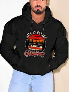 Sudadera con Capucha Gráfica para Hombres - Estampado "La Vida es Mejor con un Perro", Jersey de Felpa Negro para Otoño e Invierno, Sudadera con Capucha Casual de Manga Larga, Mezcla de Poliéster, Lavado a Mano o Limpieza en Seco, Jersey de Invierno| Moda de Estilo de Vida| Material Elástico, TALLA GRANDE - Negro - Ver 2