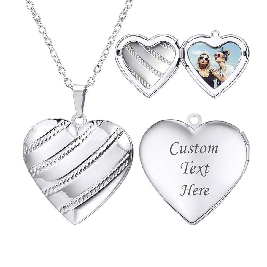 U7 Women Locket Necklace Platinum 14K Gold Photo Lockets That Hold Picture,Chain 20 Inch Person.Alized Gift Custom Love Heart Image Necklaces{Inchcolor_nameinch:Inch05#PlatinumStripeinch} - 05#白金條紋 - 查看 1