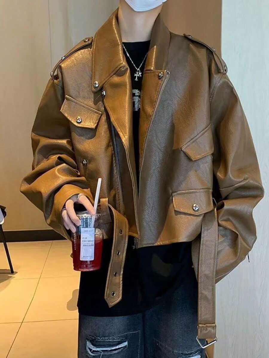 American Coffee Colored Studded Leather Jacket For Men With Explosive ...