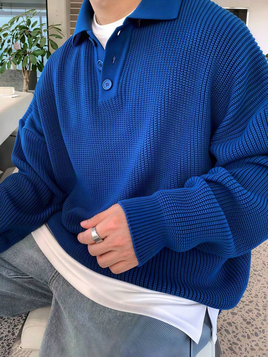 New Unisex American Street Style Niche Design Knit Sweater, Crew Neck, Frayed Hem, Casual Loose Fit Button Collar Pullover, Spring/Autumn/Winter - Màu xanh lam - Xem 1