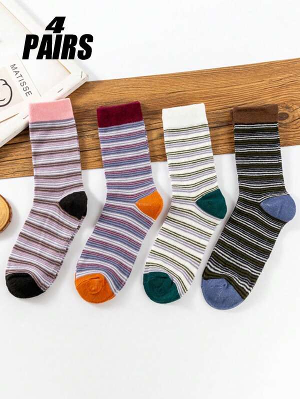 4 paia di calze alla caviglia da donna alla moda, versatili e confortevoli, in stile Ins, con colori a contrasto, traspiranti e assorbenti, a righe retrò, adatte per uscite, uso casual quotidiano, feste, ecc.