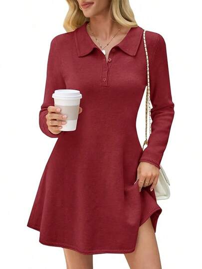 Vestido corto tipo suéter para mujer, estilo polo, cuello en V, manga larga