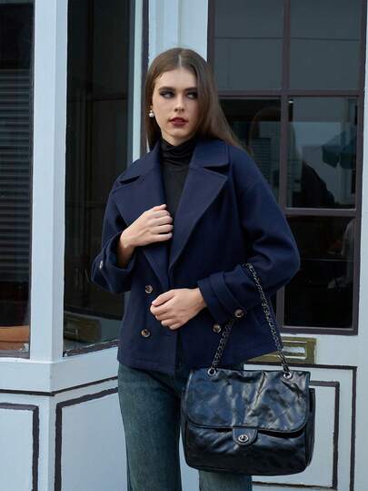 Women's Minimalist/Casual Versatile Double-Breasted Short Coat, Lined, Suitable For Daily, Holiday, Date, Home, Travel, Autumn/Winter, Christmas