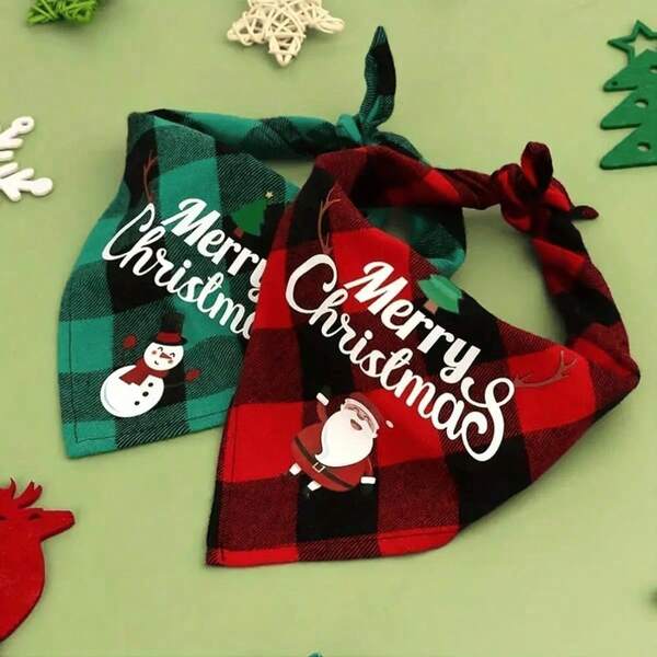 1pc Festive Plaid Pet Bandana Set - Adjustable Christmas Bibs With Santa Patterns, Soft Cotton Scarf For Dogs & Cats, Holiday Accessories For Stocking Stuffers