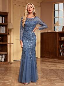 长袖亮片美人鱼派对礼服、正式婚礼宾客礼服、毕业典礼及宴会礼服