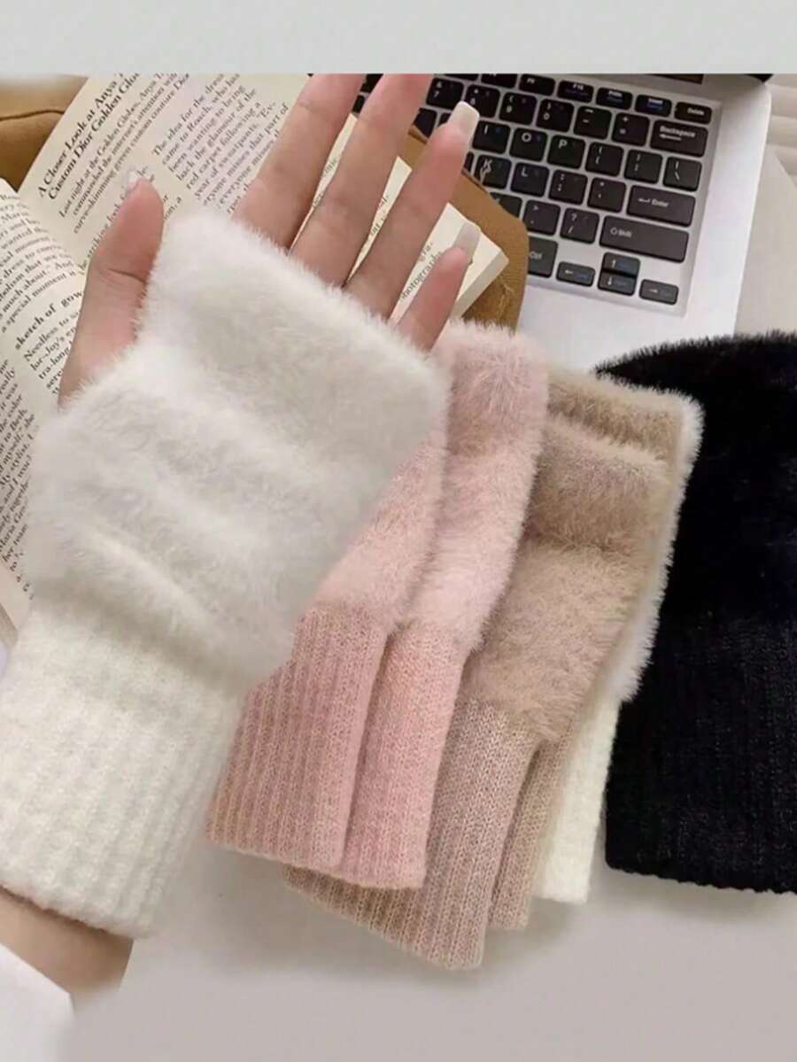 4双/2双装女士纯色保暖羊毛露指手套,柔软羊毛腕口,秋冬季保暖防风露指手套,适合触屏、办公、学生写作、骑行、防冻 - 彩色 - 查看 1