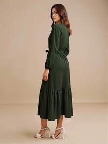 Women's Solid Color Ruffle Hem, Tie Waist, Modest Round Neck Long Sleeve Ruffle Maxi Dress - Green - View 6