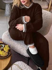 2pcs Women Contrast Color Knit Sweater Set, Long Sleeve Round Neck Sweater Top Paired With Pants, Women Casual 2-Piece Outfit, Autumn/Winter Homewear Set, Women Pant Suit, Women Winter Clothing Set, Women Autumn Outfit - Coffee Brown - View 2
