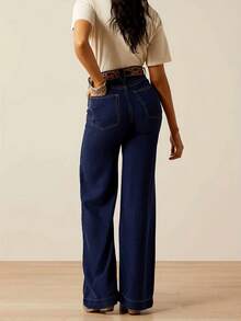 Women's Casual Versatile Pocket Design Long Denim Jeans - Navy Blue - View 4