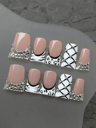 10片/套 手工按压式美甲贴片，短款鸭嘴形假指甲，法式美甲，豹纹斑马纹美甲，白色假指甲，钻石图案美甲，法式全钻美甲，可拆卸假指甲，美甲用品，美甲艺术，适合派对、舞蹈、日常佩戴、学生派对、角色扮演，按压式可重复使用，配有果冻胶和指甲锉，DIY美甲用品