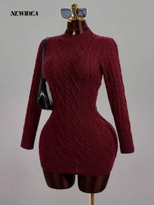 女士优雅酒红色高领绞花针织修身迷你连衣裙，长袖高腰修身款，适合春季音乐节、婚礼、派对等场合。 - 酒紅色 - 查看 5