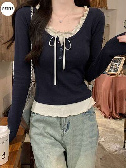 バレリーナスタイル 2in1 フリルトリム 長袖トップ、秋冬