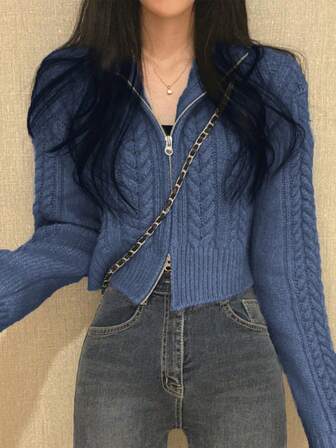 Women's Casual Long Sleeve Zip-Up Short Knitted Cardigan, Autumn/Winter