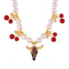 This Punk Western-Style Multi-Color Alloy Bull Head Faux Pearl Asymmetric Beaded Cherry Bead Necklace Is Designed For Women, Suitable For Outdoor Adventures, Shopping, And Daily Wear. This Eye-Catching, Distinctive Gold Accessory Is An Excellent Birthday Gift For Friends.