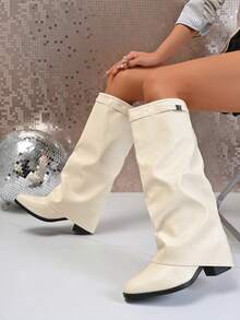 Women's Fashion Chunky Heel Knee-High Boots, Pointed Toe Buckle Straight Tube Leather Boots, Autumn/Winter New Versatile Design White Knee-High Slip On Long Boots - White - View 1