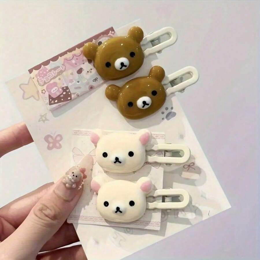 Adorable Cartoon Bear Hair Clips - 4 Duckbill Snap Clips, Transparent Candy Colors| Kawaii Women's Fashion Accessories| Cute Gift Ideas For Her, Friend ( Trending Style!) - 4 件(2 隻棕色 + 2 隻米色熊) - 查看 1