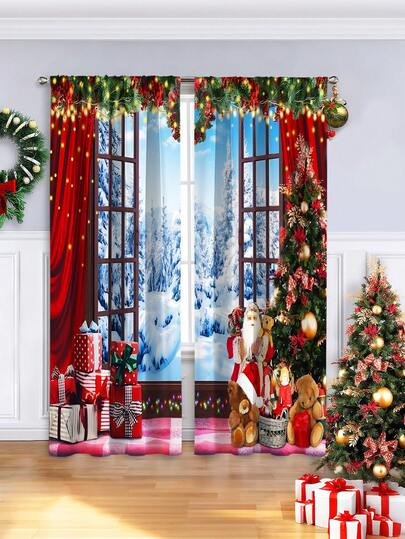 2PCS Christmas-Themed Digital Printed Curtains, Santa Claus Snow Scene & Christmas Decoration Scene Design, Translucent With Festive Atmosphere, Easy-To-Install Rod Pocket Style, Suitable For Living Room, Bedroom, Festive Space As Warm Home Decoration