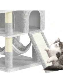DOGAT Tiragraffi Premium da 158 cm con 2 tane per gatti, amache, rampa di arrampicata e 7 pali in sisal – Robusto albero da arrampicata con giocattoli per gattini e gatti adulti, robusto mobile per gatti - Grigio Chiaro - Visualizzare 8