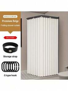 Modern Foldable Shower Curtain - Wet/Dry Separation, Polyester Material, Striped Design With Hooks And Storage Strap, Suitable For Home And Hotel Use All Year Round Bathroom Decor, Shower Curtain, Multifunctional Partition, Modern Style, Easy Maintenance (Folding Rod Not Included)Christmas Decor