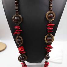 1pc Bohemian Two-Tone Wooden Bead & Coconut Shell Necklace, Retro Accessory For Vacation Outfit - Red - View 4