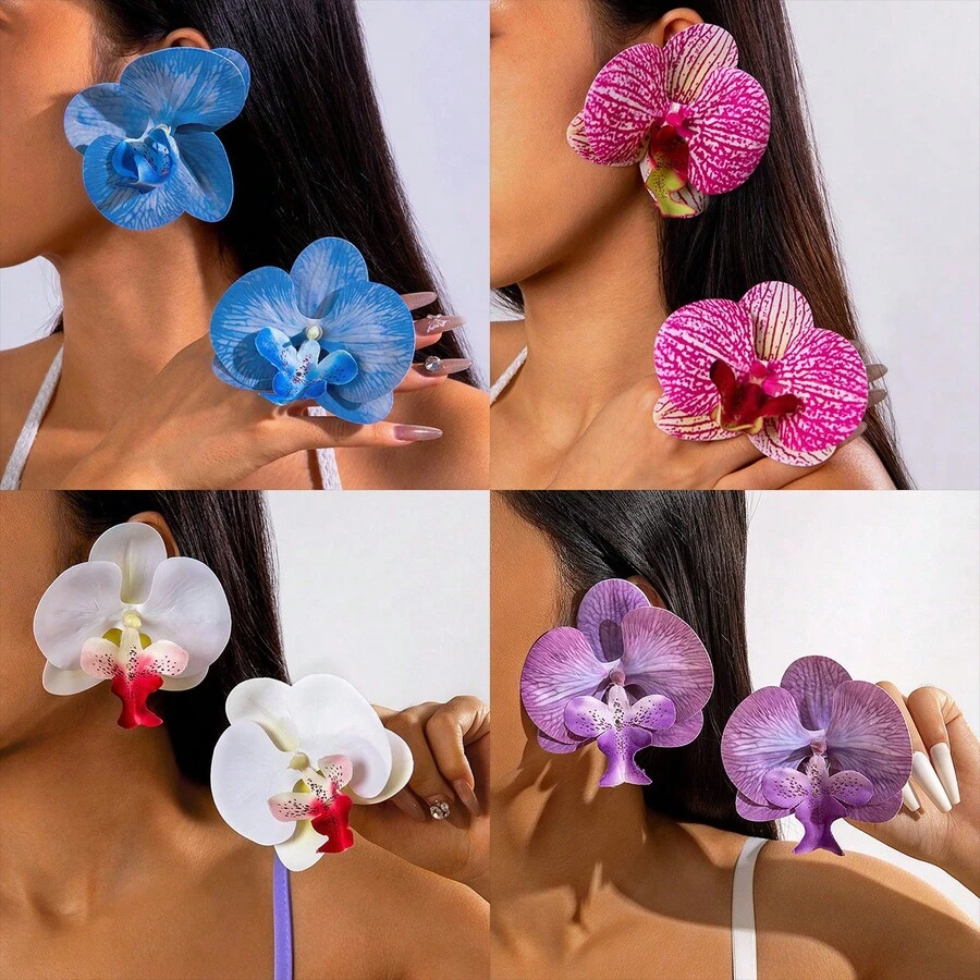 Cross-Border 3D Colorful Large Butterfly Orchid Earrings Fresh Atmosphere Realistic Floral Earrings - 30817-ear-blue-eP - View 1
