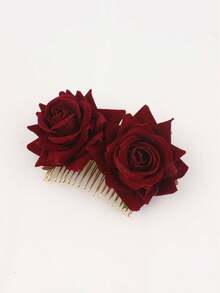 1pc Women's Premium Velvet Burgundy Rose Flower Metal Hair Comb, Bohemian Bridal Wedding Decorative Faux Flower Hair Clip, Suitable For Vacation, Party, Prom, Evening Dress Accessories - 勃根地 - 查看 6