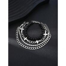 4Pcs/5pcs Men's Chain Bracelet Set, Stylish And Simple All-Match Stainless Steel Twisted Hollow Cross Beaded Bracelet Sets Suitable For Men To Wear Daily When Going Out As Gifts For Friends, Family And Boyfriends.Christmas And Valentine's Day Gifts For All Seasons And Can Be Worn All Year Round, Mom, Mother, Mother's Day, Gifts - 銀色 - 查看 3