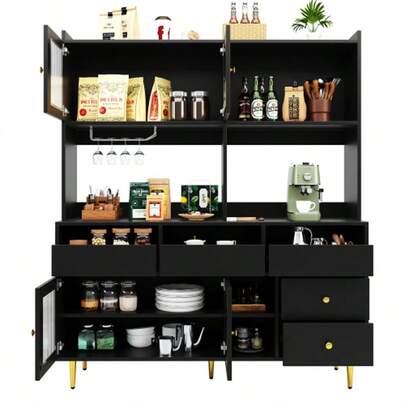 Dining Room Tall Cabinet (145 X 39 X 171 Cm) With Perforated Glass Doors, Wine Glass Rack, And Multi-Level Storage Space, Elegant Black With Gold Decor, Suitable For Use In The Dining Room (Previous Article Number: N620P1915222324S)