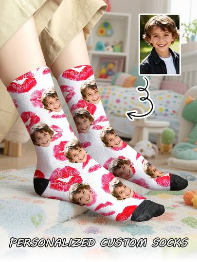 1 par de calcetines de tubo medio personalizados para niños, con cualquier cara que se desee, para niños y niñas, calcetines personalizados con fotos, pares de imágenes personalizadas interesantes con calcetines de longitud media a larga, adecuados para el Día de San Valentín, cumpleaños, regalos