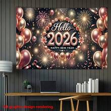 2D Flat Banner, 1pc Hello 2026 New Year's Eve Party Banner - Gold & Pink Balloons, Confetti And 2026 Numeral Background, Suitable For 2026 Themed Events Large Durable Decoration, Happy New Year Banner, Happy New Year Decor, Happy New Year Background - Khaki - View 6