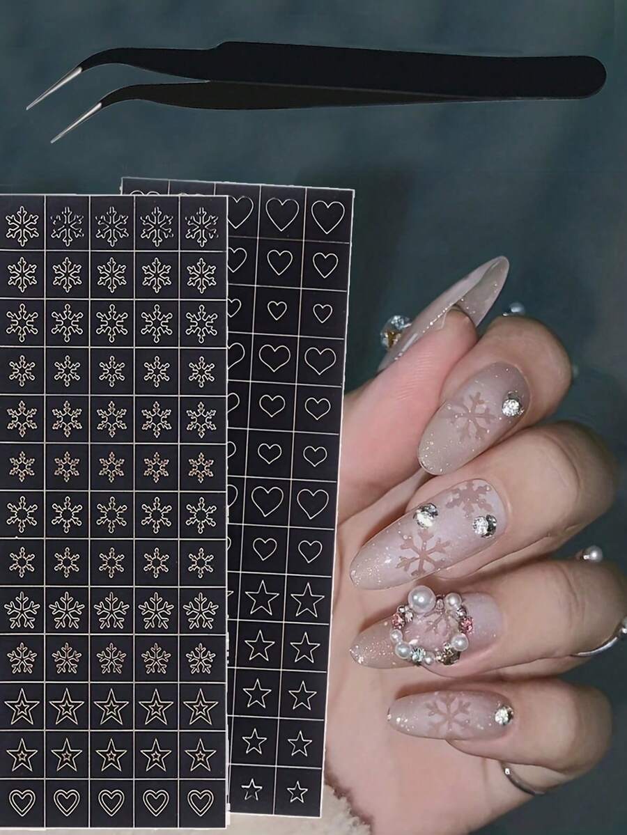6pcs Nail Art Stencils Templates Including Heart, Butterfly, Flower, Snowflake, Star, Hollow French Nail Stickers Printing Mold Template Tools Manicure DIY Decor Nails - Black - View 1