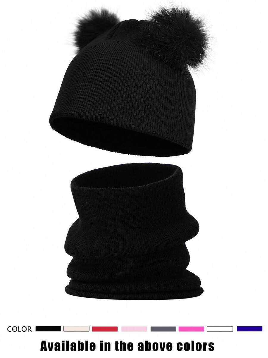 1 Set Topi Rajut Pendek Dua Bola + Syal, Topi Rajut Tahan Dingin Luar Ruangan Unisex Gaya Y2K, Topi Ski Hangat Musim Dingin Serbaguna Kasual Cocok untuk Perjalanan Sehari-hari - Topi rajutan + syal - View 1