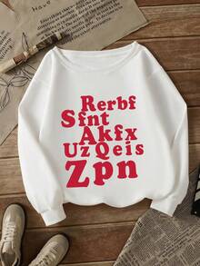 女士红色字母印花露肩长袖卫衣，复古美式风格独特百搭套头衫，秋冬新品 - 白色 - 查看 5