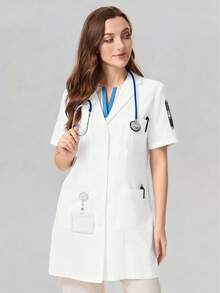 cimmuovere Women's Long Sleeve V-Neck Scrubs Nurse Scrubs Workwear Dentist Healthcare Pet Hospital Laboratory Coat White Spring - White - View 2